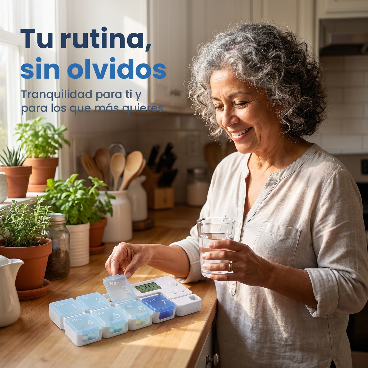 Mujer mayor usando el pastillero con alarma VitalClock en su cocina