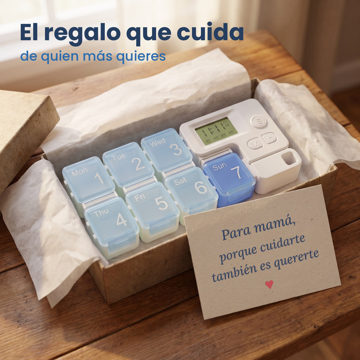 Pastillero VitalClock en caja de regalo para mamá