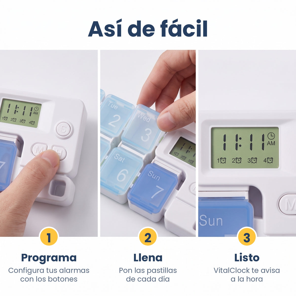 Cómo usar el pastillero VitalClock en 3 pasos: programa, llena y listo